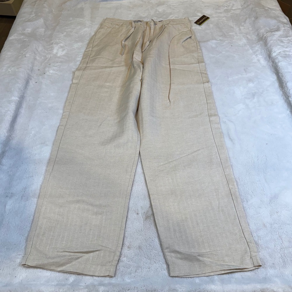 Cubavera Mens Linen Blend Drawstring Pants Natural Herringbone Large NWT